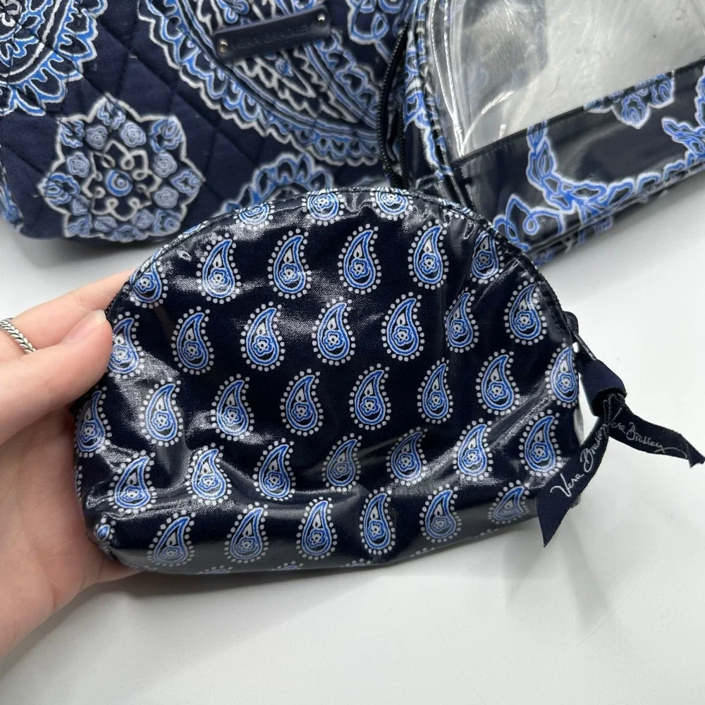 Vera‎ Bradley 3 Piece Cosmetic Bag Set Navy Blue Paisley Quilted Clear Travel